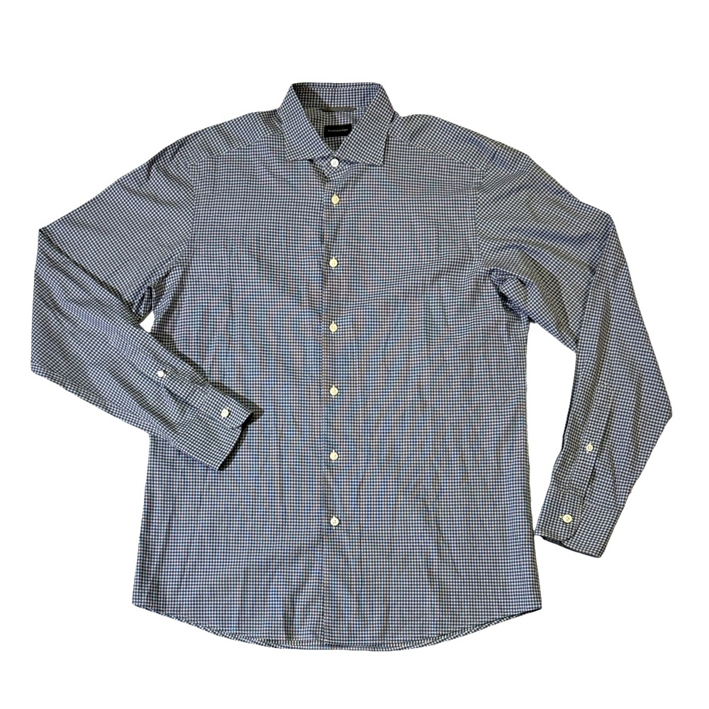 Ermenegildo Zegna mens L Large blue check regular fit button up casual shirt EUC